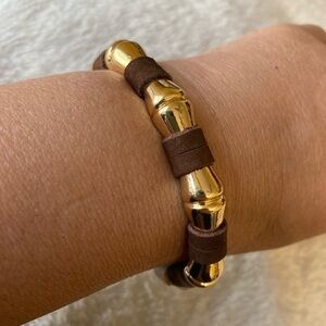 Anthropologie Bamboo‎ Design Gold Tone Cuff Bracelet Brown Leather Wrapped